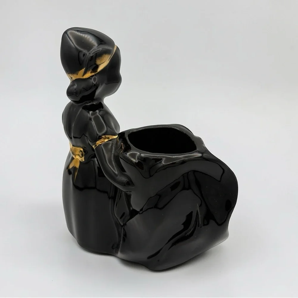 Vintage Blackamoor Ceramic Dutch Girl Figurine Black With Gold Trim Planter MCM